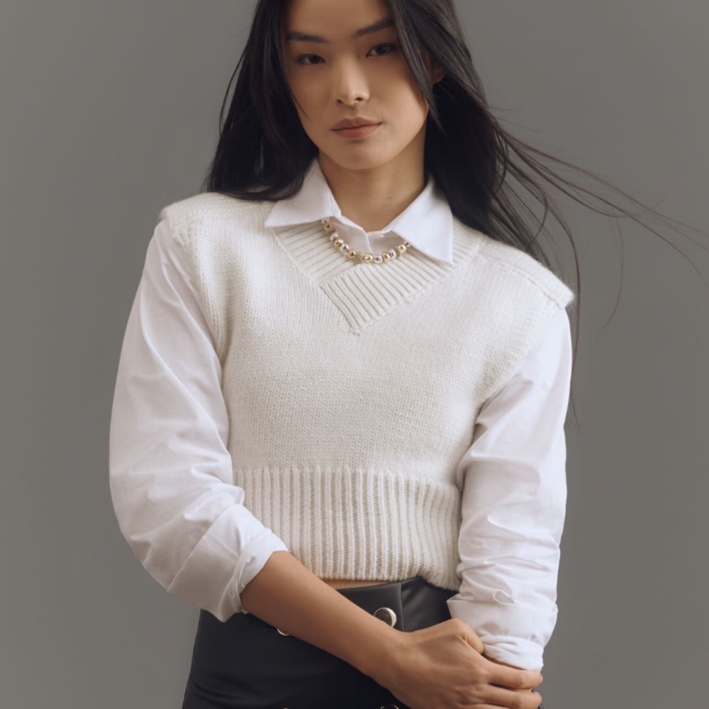 Maeve twofer shrunken sweater vest and button down shirt